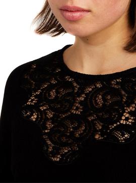 Camiseta Naf Naf Escote Puntillas Negro para Mujer