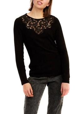 Camiseta Naf Naf Escote Puntillas Negro para Mujer