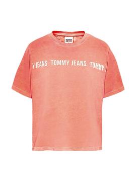 Camiseta Tommy Jeans Cropped Rosa Para Mujer