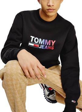 Sudadera Tommy Jeans Logo Crew Negro Para Hombre