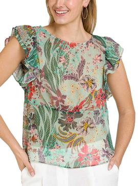 Blusa Naf Naf Fluida Estampada Verde Para Mujer