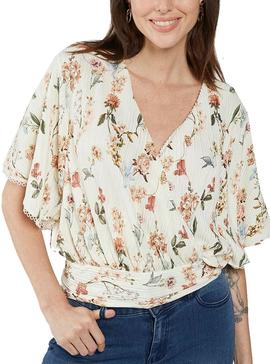 Camisa Naf Naf Plisados y Flores Blanco Mujer