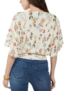 Camisa Naf Naf Plisados y Flores Blanco Mujer