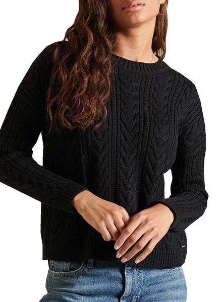 Mujer – Jersey en punto trenzado con cuello de polo en Negro Superdry ES