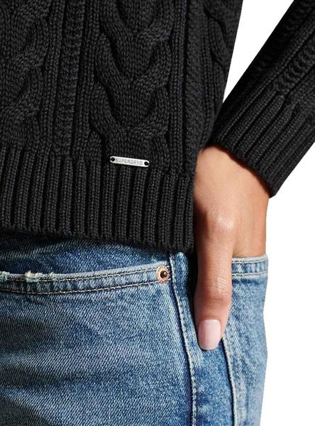 Mujer – Jersey en punto trenzado con cuello de polo en Negro Superdry ES