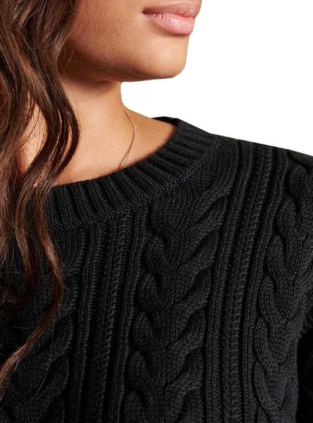 Mujer – Jersey en punto trenzado con cuello de polo en Negro Superdry ES