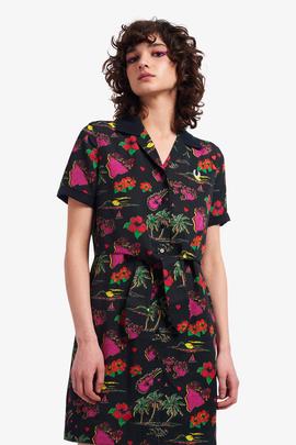 Vestido Camisero Fred Perry Hawaiano Negro Para Mujer