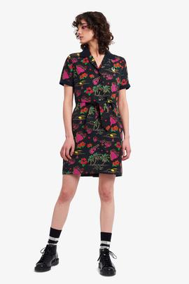 Vestido Camisero Fred Perry Hawaiano Negro Para Mujer