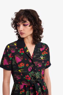 Vestido Camisero Fred Perry Hawaiano Negro Para Mujer