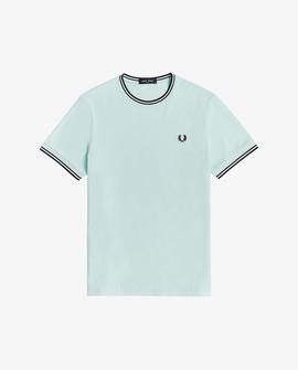 Camiseta Fred Perry Ribetes Azul Celeste Para Hombre