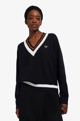 Jersey Fred Perry Cuello Pico Marino Para Mujer