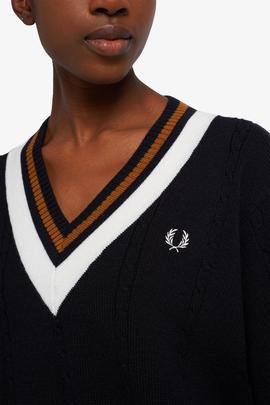 Jersey Fred Perry Cuello Pico Marino Para Mujer