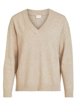 Jersey Vila Viril Oversize V Neck Beige Para Mujer