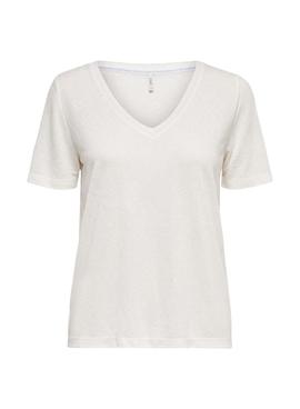 Camiseta Only Elise Cuello V Beige para Mujer