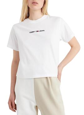 Camiseta Tommy Jeans Crop Linear Logo Blanca Mujer