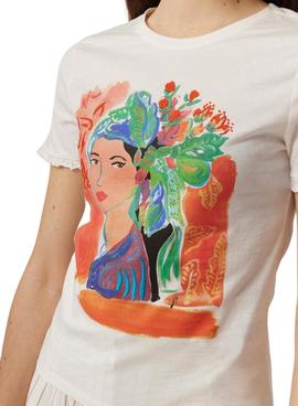 Camiseta Naf Naf Dibujo Flores Blanca para Mujer