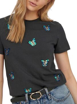 Camiseta Only Kita Estampado Mariposas Negra Mujer