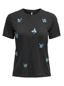 Camiseta Only Kita Estampado Mariposas Negra Mujer