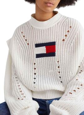 Jersey Tommy Jeans Oversize Flag Stit Blanco Mujer