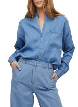 Camisa Vila Bista Oversize Azul Para Mujer