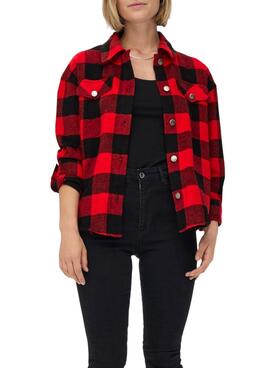 Sobrecamisa Only Marsala Check Mujer Roja y Negra