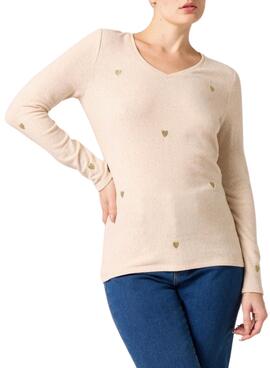 Camiseta Naf Naf Corazones Beige para Mujer