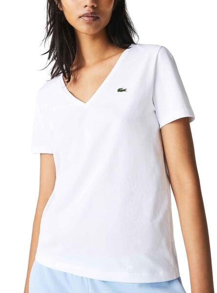 cazar canal Fundador Camiseta Lacoste Cuello V para Mujer Blanca