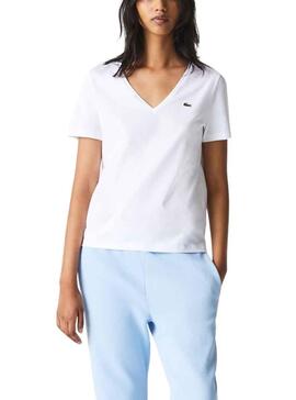 Camiseta Lacoste Cuello V para Mujer Blanca