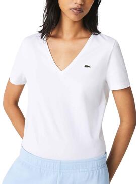 Camiseta Lacoste Cuello V para Mujer Blanca