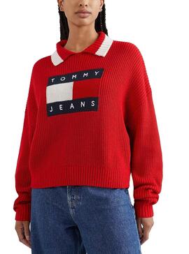 Jersey Tommy Jeans Cuello Solapa para Mujer Roja