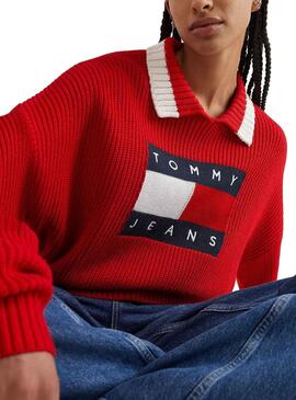 Jersey Tommy Jeans Cuello Solapa para Mujer Roja