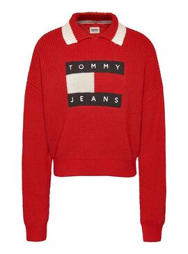 Jersey Tommy Jeans Cuello Solapa para Mujer Roja