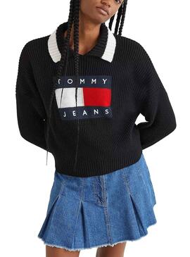 Jersey Tommy Jeans Cuello Solapa para Mujer Negra