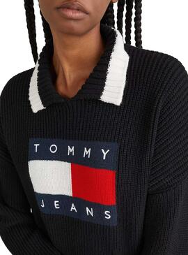 Jersey Tommy Jeans Cuello Solapa para Mujer Negra