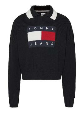 Jersey Tommy Jeans Cuello Solapa para Mujer Negra