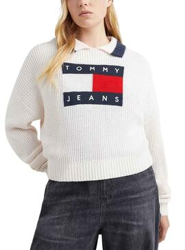 Jersey Tommy Jeans Cuello Solapa para Mujer Blanca