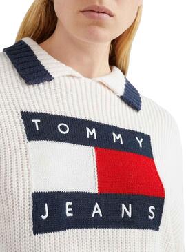 Jersey Tommy Jeans Cuello Solapa para Mujer Blanca