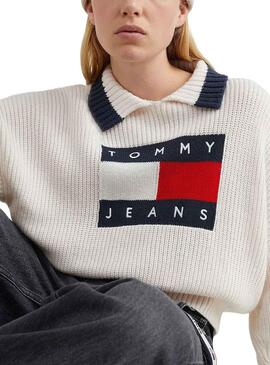 Jersey Tommy Jeans Cuello Solapa para Mujer Blanca