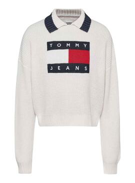 Jersey Tommy Jeans Cuello Solapa para Mujer Blanca