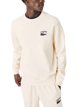 Sudadera Lacoste Inscripción Beige Para Hombre