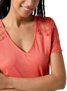 Camiseta Naf Naf Guipur Coral para Mujer