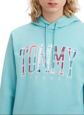 Sudadera Tommy Jeans Reg Tartan Turquesa Hombre