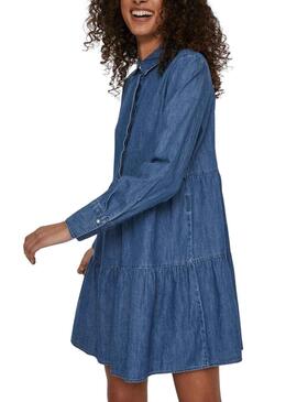 Vestido Denim Vila Blano Azul Para Mujer