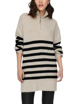 Jersey Only Alfrida Zip Highneck Rayas Beige Mujer