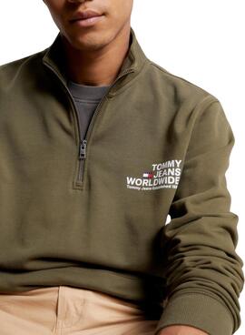 Sudadera Tommy Jeans Graphic Half Zip Verde Hombre