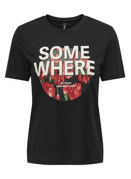 Camiseta Only Betty Texto Flores Negro Para Mujer