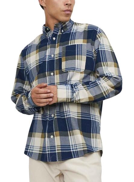 CAMISA HOMBRE CUADRO CAMEL/AZUL