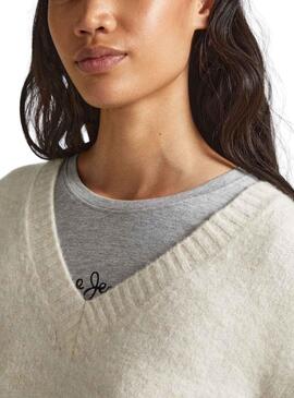 Jersey Pepe Jeans Denisse Cuello Pico Beige Mujer