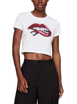 Camiseta Tommy Jeans Crop Slim Lips Blanco Mujer