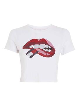 Camiseta Tommy Jeans Crop Slim Lips Blanco Mujer